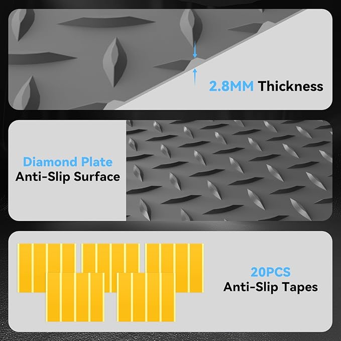 8x25 FT Garage Floor Mat, 2.8mm Thickened PVC Flooring Roll for Under Car, 200 SQFT Diamond Plate Gray Garage Mats for Garage, Warehouse, Basement, Gyms, Trailer（Included Tapes）