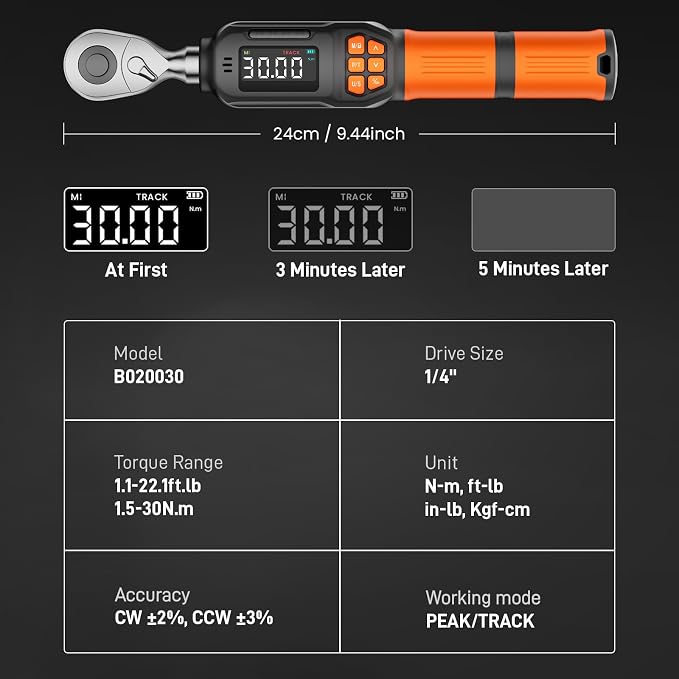 Digital Torque Wrench Set, 1.1-22.1 Ft.lb/1.5-30 Nm, 1/4" Drive Inch Pound Bike Torque Wrench Electronic with Buzzer & LCD Indicator for Bicycle E-bike Motorcycle