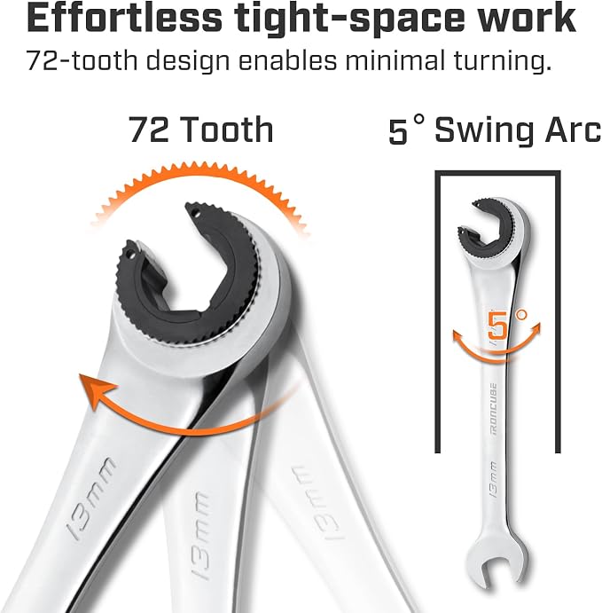 ironcube 13mm Brake Line Wrench Set: Metric Ratcheting Open-end for Nuts on Fuel, Brake or Air Conditioning Lines