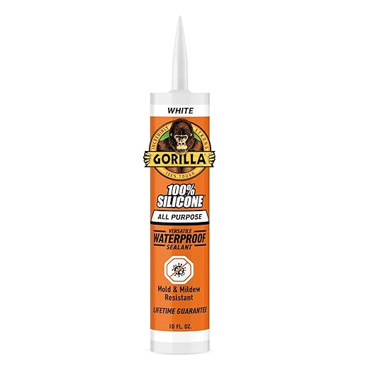 Gorilla 100% Silicone Waterproof Caulk, All‑Purpose Sealant, Mold & Mildew Resistant, Flexible Seal, White, 10 oz Cartridge (Pack of 1)