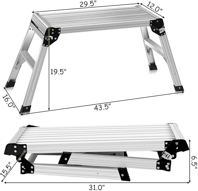 Giantex Work Platform Aluminum Step Ladder Drywall Safe CE Approved of Capacity 330 LBS Heavy Duty Portable Bench Folding Ladders Stool w/Non-Slip Mat (Silver)