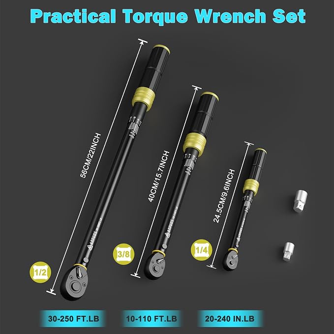 5Pcs 1/4 3/8 1/2-inch Drive Click Torque Wrench Set, ±3% Accuracy | 20-240in.lb, 10-110Ft.lb, 30-250Ft.lb, 72-Tooth Quick Release, Dual Scale, for Bike, Motorcycle, Car, SUV, Truck, RV, Towing