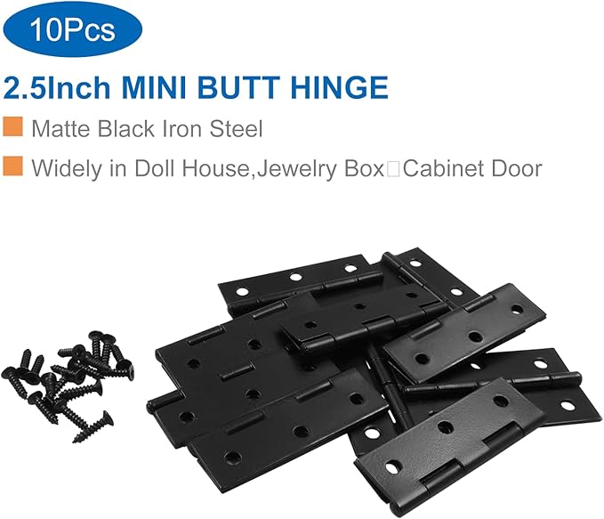 10Pcs Matte Black Door Hinges,2.5 Inch Iron Front Door Hinge,6 Hole Closet Exterior Door Hinges Heavy Duty,Butt Hinge for Jewelry Box,Bedroom,Cabinet Door