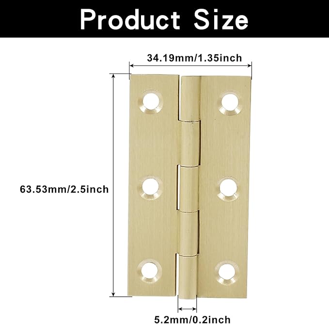 Murtenze 8 Pcs 2.5 Inch Mini Solid Brass Hinges，Brass Cabinet Hinges Small Box Hinges Butt Hinges for Cabinet, Drawer, Wood Box