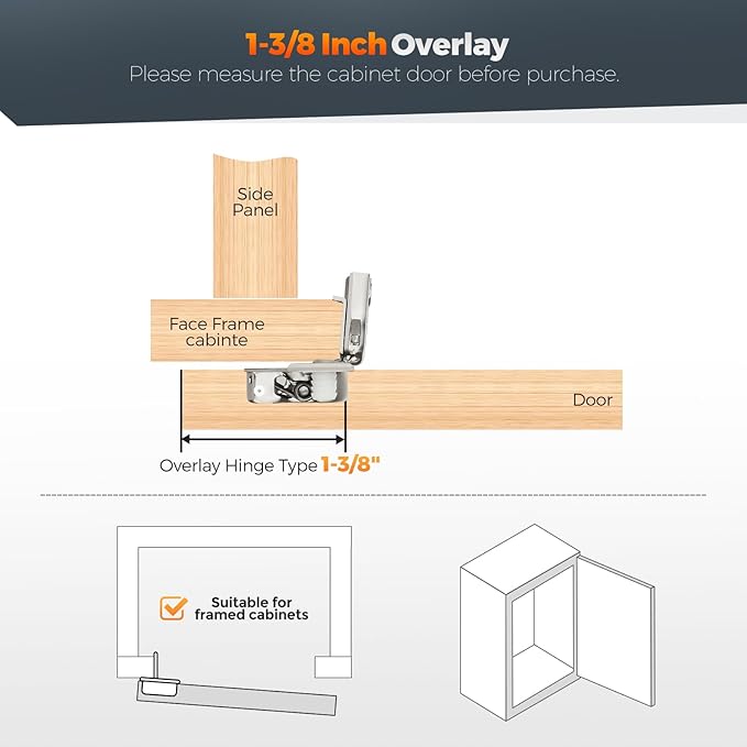 2 Pack (1 Pairs) 1-3/8" Overlay Soft Close Cabinet Hinges, Satin Nickel Stainless Steel Concealed Hinges with 3D Self-Closing for Face Frame Doors & Kitchens