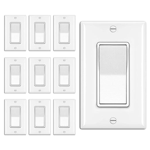 BESTTEN 10 Pack 3-Way Decorator Wall Light Switch with Wallplate, 15A 120V/277V, Single Pole or Three Way, On/Off Paddle Rocker Interrupter, UL Listed, White