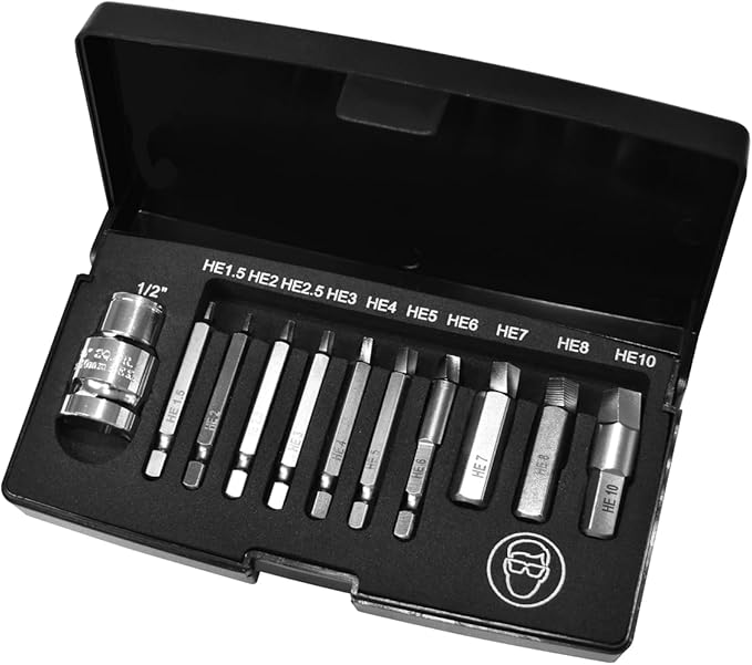 K Tool International 75422 Hex Screw Extractor Set for Garages, Repair Shops and DIY, Silicon Alloy Steel, Heat-treated, Chrome-plated, (3) 1/4", (3) 10mm, (1) 1/2" Drives, Damaged Screws, Molded Case