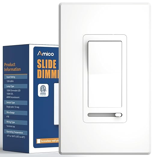 Amico Dimmer Light Switch, Single-Pole or 3-Way Slide Dimmer Switches for Led Lights, Suitable for 150W Dimmable LED/CFL and 600W Incandescent/Halogen, Wall Plate Included, ETL Listed, 1 Pack, White