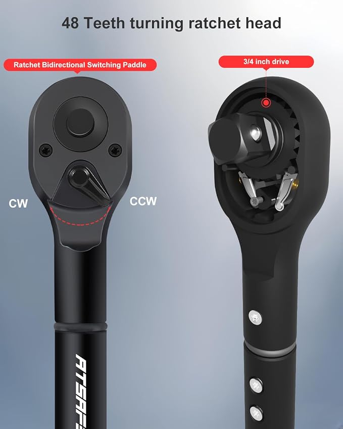 3/4 Torque Wrench 100-850 Ft-Lb -±3% Accuracy, 47.3" Long Handle, 48-Tooth Reversible Ratchet, Cr-V Steel, Dual Scale,3/4" Drive Click Heavy Duty Torque Wrench for Industrial, Truck, Turbine