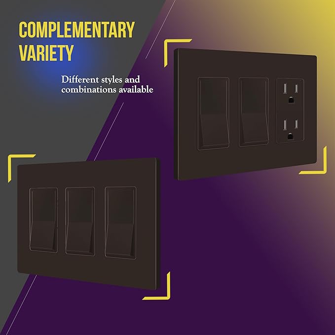 ENERLITES Screwless Decorator Wall Plate Child Safe Outlet Cover, Size 3-Gang 4.68" H x 6.53" L, Unbreakable Polycarbonate Thermoplastic, SI8833-BR, Glossy, Brown