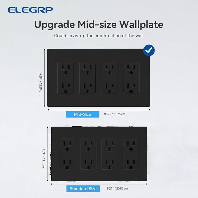 ELEGRP 4-Gang Screwless Decorative Wall Plates, Mid-Size Unbreakable Thermoplastic Faceplate Cover for Decorator Receptacle Outlet Switch, UL Listed (5 Pack, Matte Black)