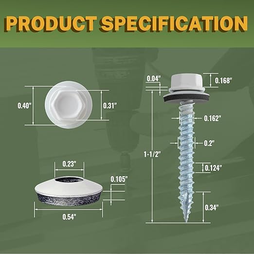 LIONMAX 500-PCS Metal Roofing Screws #10 x 1-1/2 Inch, White Painted Hex Head Sheet Metal Roof Screws, Rubber Washer, Sharp Point, Metal to Wood Siding Screws, Hex Socket Included
