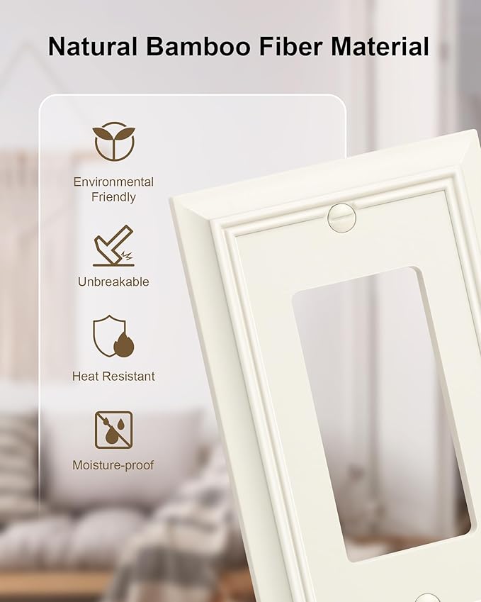 6-Pack Decorator Wall Plate Cover, Light Almond Decorative Switch Plates and Outlet Covers, Durable Natural Bamboo Fiber Wall Plates for Electrical Outlets, Receptacle, GFCI Outlet, Dimmer Switch