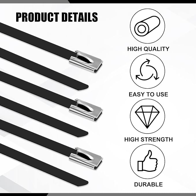 Pelopy 100 Pcs 18 Inch Metal Zip Ties Black 304 Stainless Steel Zip Ties Epoxy Coated Tie Heavy Duty Cable Self Locking Cable Multi Purpose for Machinery Vehicles Exhaust Wrap Outdoor Fence Farms