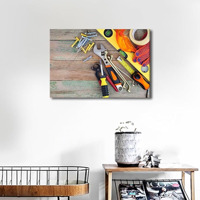 Orange Tool Theme Picture 1 Panels Canvas Wall Art Bedroom Set of Various Construction Tools on a Wooden Background Poster Framed Artwork for Farmhouse Living Room Wall Decor (12" Wx18 H)