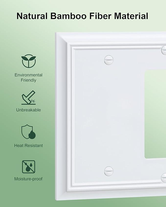 2-Pack Combo Blank/Decorator Wall Plates, Pure White Decorative Switch Plates and Outlet Covers, Durable Natural Bamboo Fiber Wall Plates for Electrical Outlets, Receptacle, GFCI Outlet, Dimmer Switch
