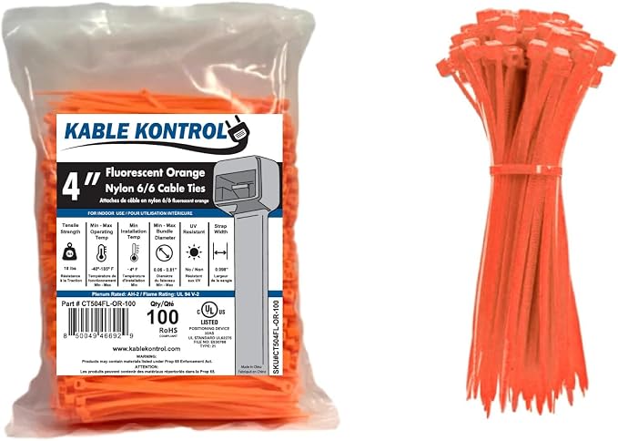 Kable Kontrol Fluorescent Orange Zip Ties 4 Inch 100 Pcs, 18 Lbs Tensile Strength, Self-locking Nylon Colored Cable Ties Wire Wraps for Indoor or Outdoor Use… | Nylon Plastic, Self Locking, UL Listed, Indoor Use
