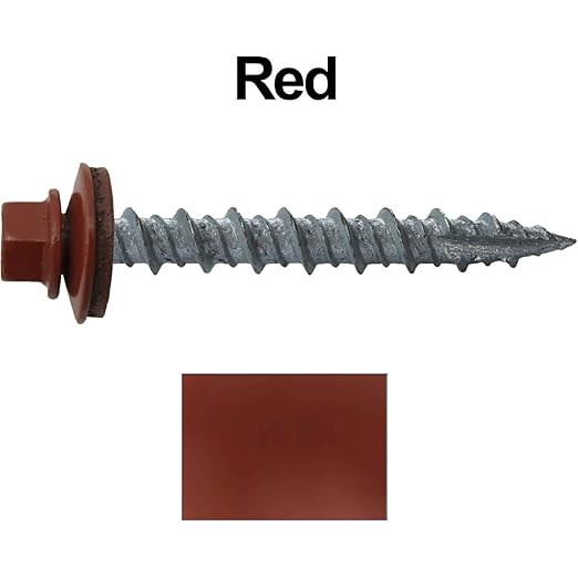10 x 1-1/2" RED Metal Roofing Screws - Hex Washer Head- Self-Starting/Tapping - EPDM Washer. 1 x 250 Count Bag - 250 Screws
