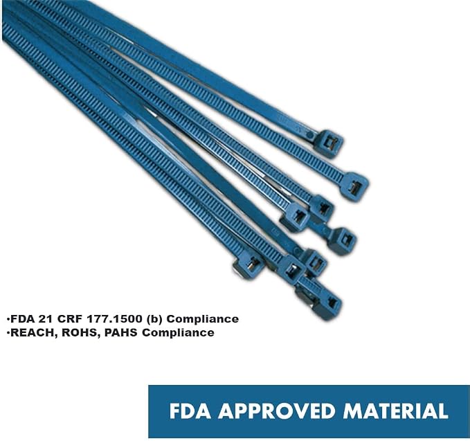 Kable Kontrol Metal Detectable Blue Zip Ties 100 Pcs, 8 Inch, 40 Lbs Test