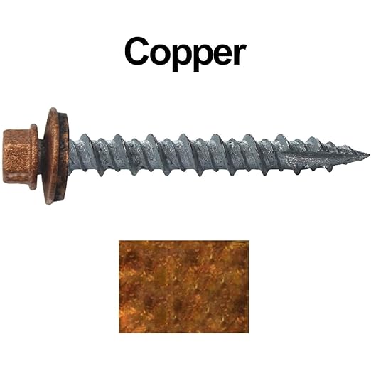 10 x 1-1/2" Copper Metal Roofing Screws - Hex Washer Head- Self-Starting/Tapping - EPDM Washer. 8 X 250 Bags - 2,000 Screws