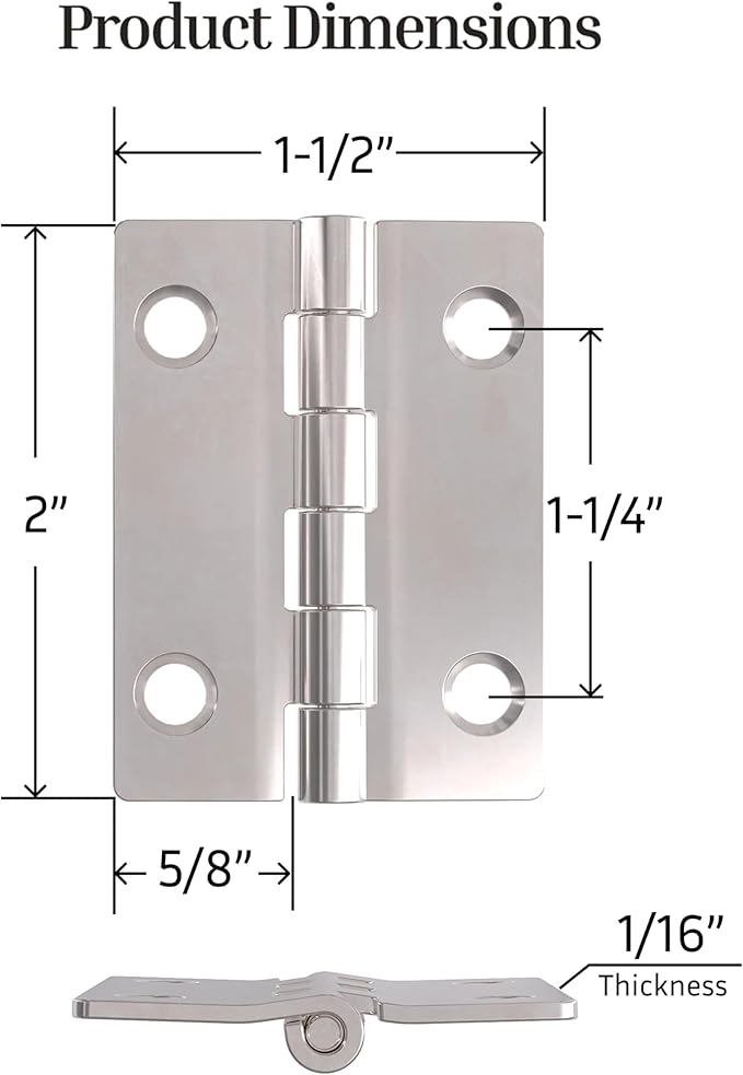 Nickel Butt Hinges - 2" x 1-1/2" - Pack of 16 - Flush Mount Cabinet Door Hinges - Furniture Hardware - BH7-SN (8)