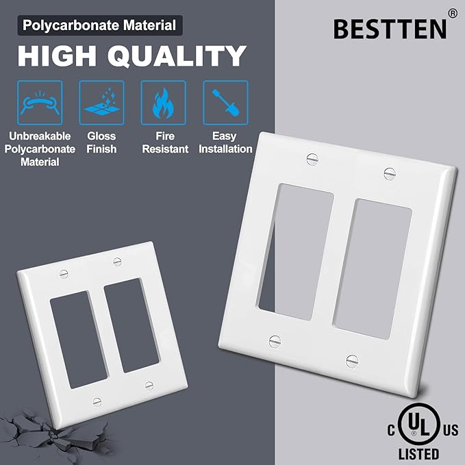 4 Pack BESTTEN 2-Gang Decorator Wall Plate, Standard Size, H4.53” x W4.57”, Unbreakable Polycarbonate Outlet and Switch Cover, UL Listed, White