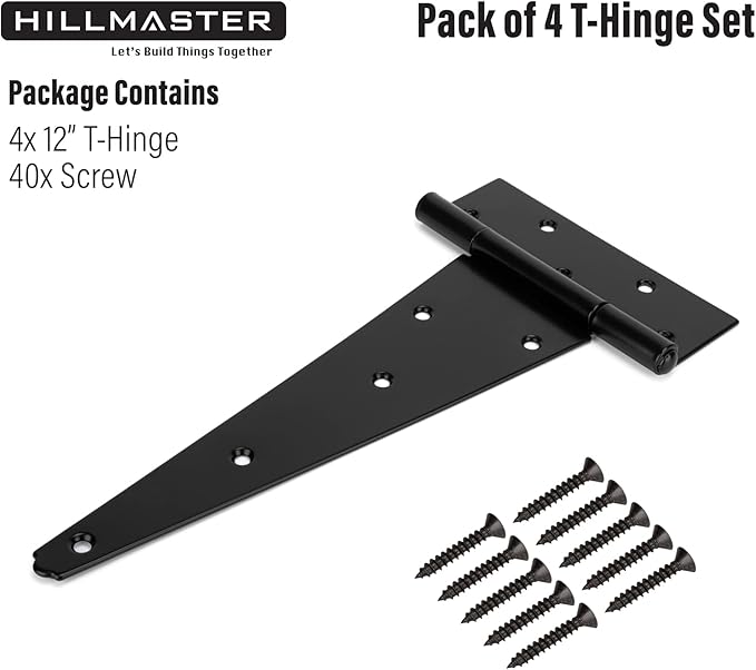 HILLMASTER 12 Inch T-Strap Heavy Duty Shed Door Hinges Gate Strap Hinges Black Tee Hinge Wrought Hardware for Wooden Fences,Yard,Barn Door,Rustproof (4 Pack)