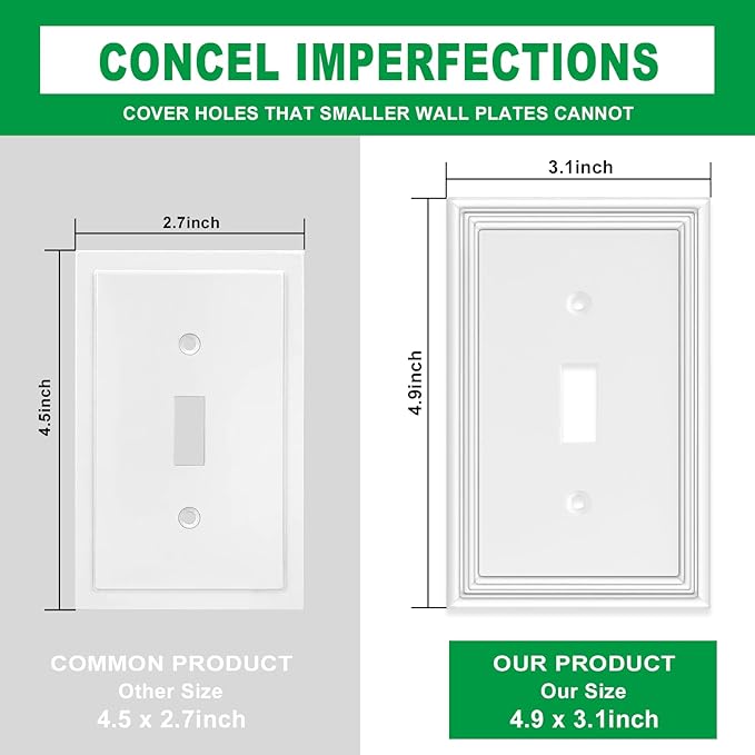 White Modern Decorative Wall Plate Light Switch Cover Decorator Outlet Covers Rocker Switch Plates Bamboo Fiber Material Wall Plates for Kitchen Bathroom (1 Gang Single Toggle-4 Pack)