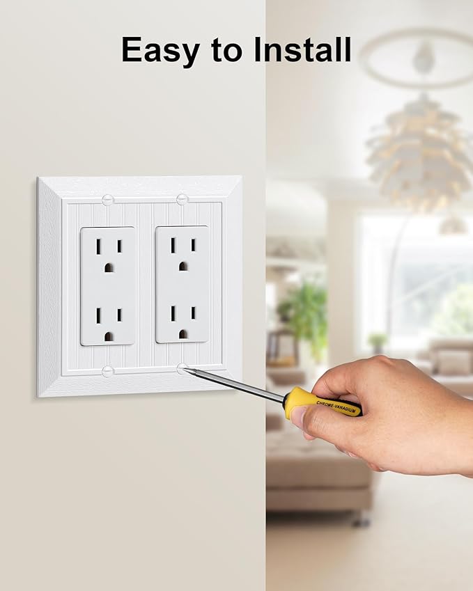2-Pack Classic Beadboard Decorative Double Decorator Outlet Cover Plate, Pure White Unbreakable Polycarbonate Wall Plates for Electrical Outlets, Receptacle, GFCI Outlet, Dimmer Switch, 2-Gang