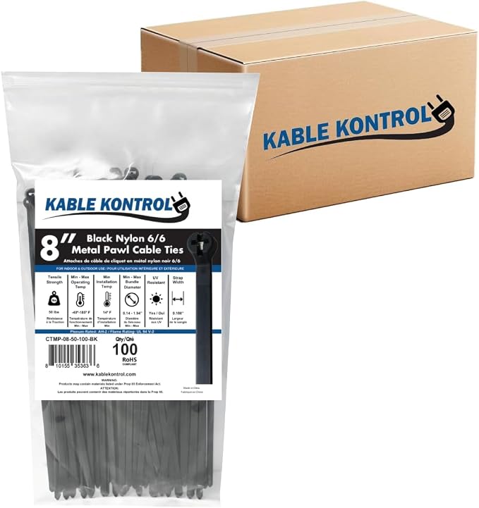 Kable Kontrol Metal Pawl Cable Ties 8 Inch 10000 Pcs, 50 Lbs Test – Black | Metal Tooth, Stainless Steel Toothed Self-Locking Ties, UV Resistant Steel Barb Zip Ties for Indoor & Outdoor Use