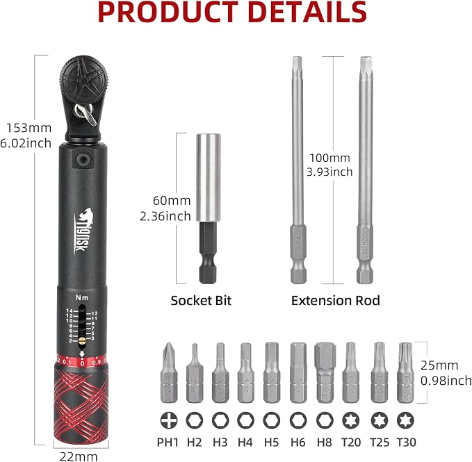 Tigrisk® 1/4 Drive Bike Torque Wrench, Preset Torque 2-14Nm, ±4% Precision | Individually calibrated with unique certificate. 0.1Nm adjustment, click stop, Hex/Torx bits for road, MTB and carbon bikes.