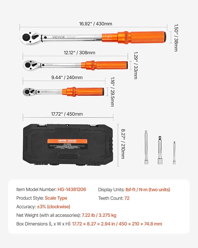 VEVOR 1/4 3/8 1/2 Inch Drive Torque Wrench, 3Pcs Click Torque Wrench Set 20-240IN-LB, 5-45FT-LB, 10-170FT-LB, Dual-Direction Adjustable 72 Tooth for Bicycle, Moto and Car Maintenance