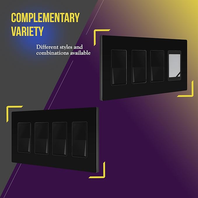 ENERLITES Screwless Decorator Wall Plates Child Safe Outlet Covers, Size 4-Gang 4.68" H x 8.30” L, Unbreakable Polycarbonate Thermoplastic, SI8834-BK, Glossy, Black