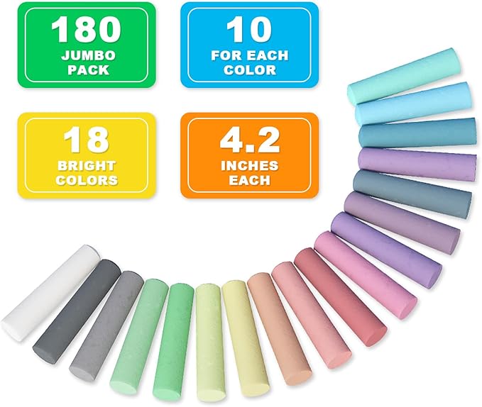 feela 180 Pack Sidewalk Chalk, Sidewalk Chalk Set For Kids Jumbo Chalk Bulk, Great for Kids Family, Paint on Sidewalk Wall School Driveway Blackboard Street Playground, 18 Colors