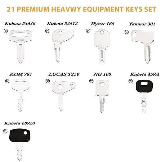 21-Piece Heavy Equipment Key Set Compatible with CAT, John Deere, Komatsu, Kubota, JCB, Bobcat & 10+ Brands - Universal Durable Ignition Keys