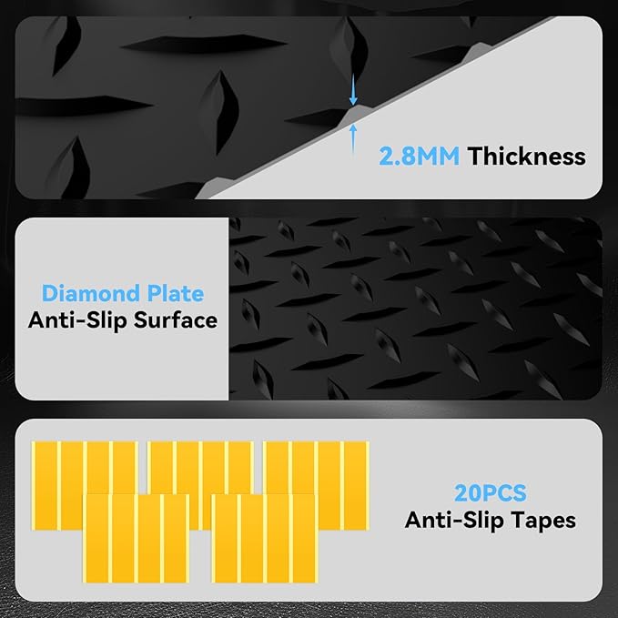 7.5x20 FT Garage Floor Mat, 2.8mm Thickened PVC Flooring Roll for Under Car, 150 SQFT Diamond Plate Black Garage Mats for Garage, Warehouse, Basement, Gyms, Trailer（Included Tapes）