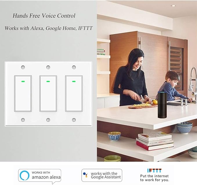 Lesim Smart 3 Gang WiFi Light Switch, 2.4GHz, Compatible with Alexa, Google Home, White, Push Button, Automatically/Smart Switch Operation
