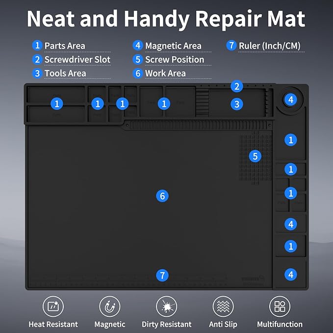 STREBITO Soldering Mat Large, Repair Mat Heat Resistant 932°F, Silicone Work Mat Magnetic Screw Mat for Soldering Iron, Electronics, PC Building, Laptop, RC, Phone, Size 21.7" x 15.8" (Black)