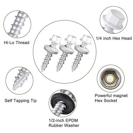 50 Pcs #10x1 White Metal Roofing Screws - Galvanized Hex Head Self-Tapping with EPDM Washers Sharp Point,for Corrugated Roofing, Wood Siding, Fences, Carports, Garages, Sheds