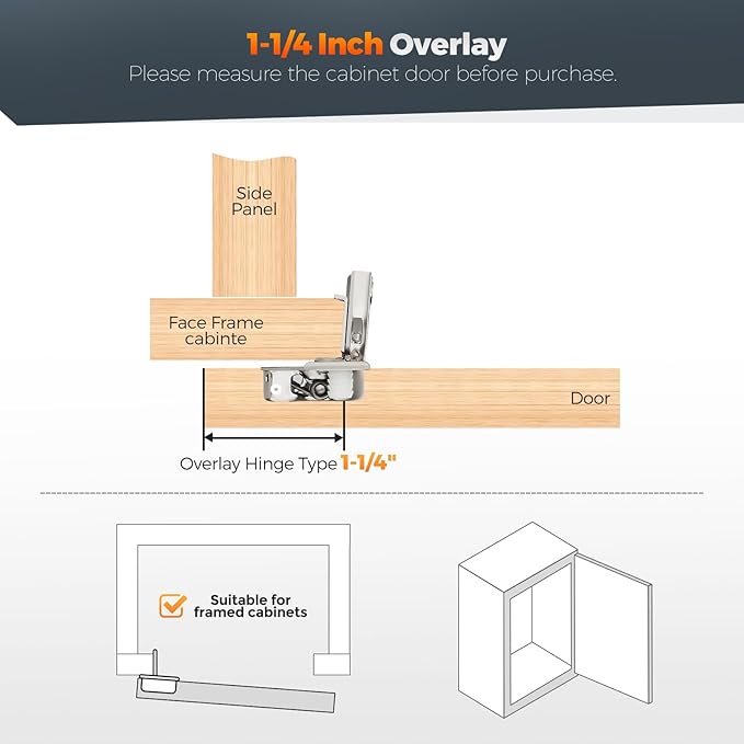 2 Pack (1 Pairs) 1-1/4" Overlay Soft Close Cabinet Hinges, Satin Nickel Stainless Steel Concealed Hinges with 3D Self-Closing for Face Frame Doors & Kitchens