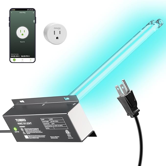 TURBRO 36W UV Sanitizer Lamp with Smart Plug, ETL&CARB Listed, Ozone Free Ultraviolet Light with Timer Outlet, Air Purifier for HVAC Units and Ducted Systems, WiFi Control, Direct Plug-In 120V, UV36PW