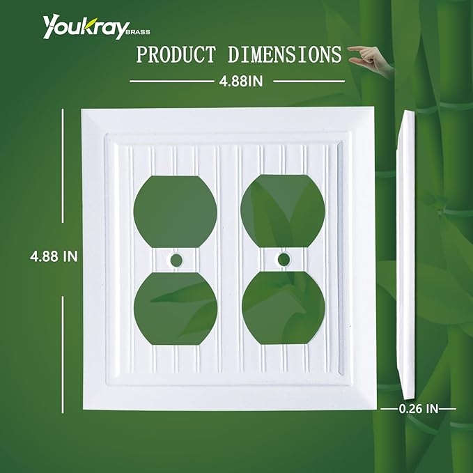 Pure White Classic Beadboard Wall Plates,Light Switch Covers,Electrical Outlet Covers, Switch Plates of Various Combination, Nature Bamboo Fiber Wall plate (2 Gang Duplex 2 Pack)