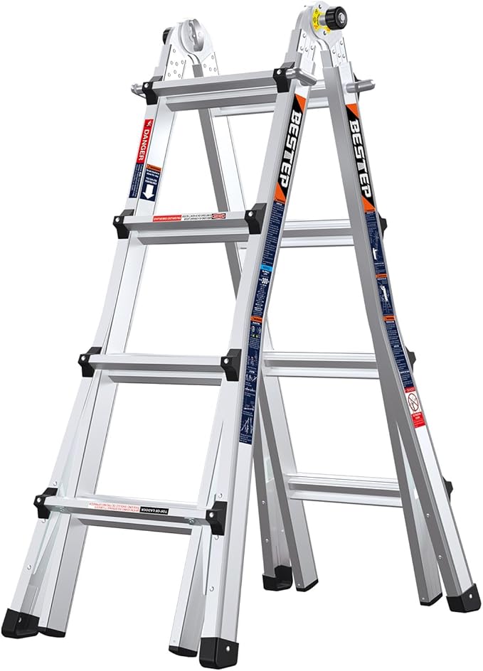 15FT Adjustable Folding Multi-Position Ladder,A Frame 4-Step Anti-Slip Ladder with Aluminum Joint,Silver,ANSI Type 1A, 300 lbs Load Capacity,Welding Construction (YQGNT-4540)