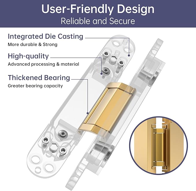 9.7" 2 pcs Hidden Hinges for Doors Invisible Hinge Concealed Hinges Zinc Alloy 180 Degree Swing Hinge 3 Way Adjustable Butt Silent Door Hinges 9.7 x 3.3 x 1inch (Gold 10 inches)