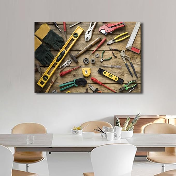 TUMOVO Large Wall Art for Living Room Wall Decor Various Old Carpenter Tools on Wooden Table Poster Canvas Supermarket Hotel Restaurant Office Wall Decoration Ready to Hang 1 Piece (24" Wx36 H)