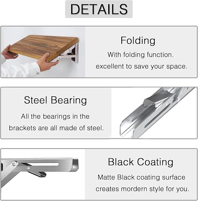 Folding Shelf Brackets 12 inch 4 Pcs Max. Load 220lb - Heavy Duty Stainless Steel DIY Wall Mounted Collapsible Shelf Bracket, Space Saving for Garage Workstation, Stuff Supports, Table, Workbench