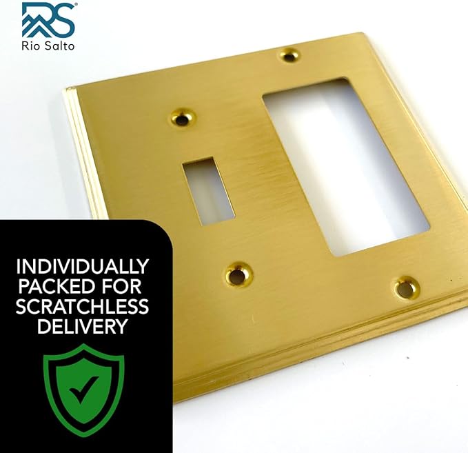 Rio Salto BRASS Deco Collection Standard Size Toggle Rocker Combo Metal Gold Light Switch Cover Wall Plate Combination Modern Togle Decorator Rocker 2-Gang Decorator Wallplate