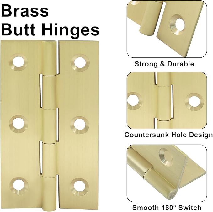 Murtenze 4 Pcs 3 Inch Mini Solid Brass Hinges，Brass Cabinet Hinges Small Box Hinges Butt Hinges for Cabinet, Drawer, Wood Box