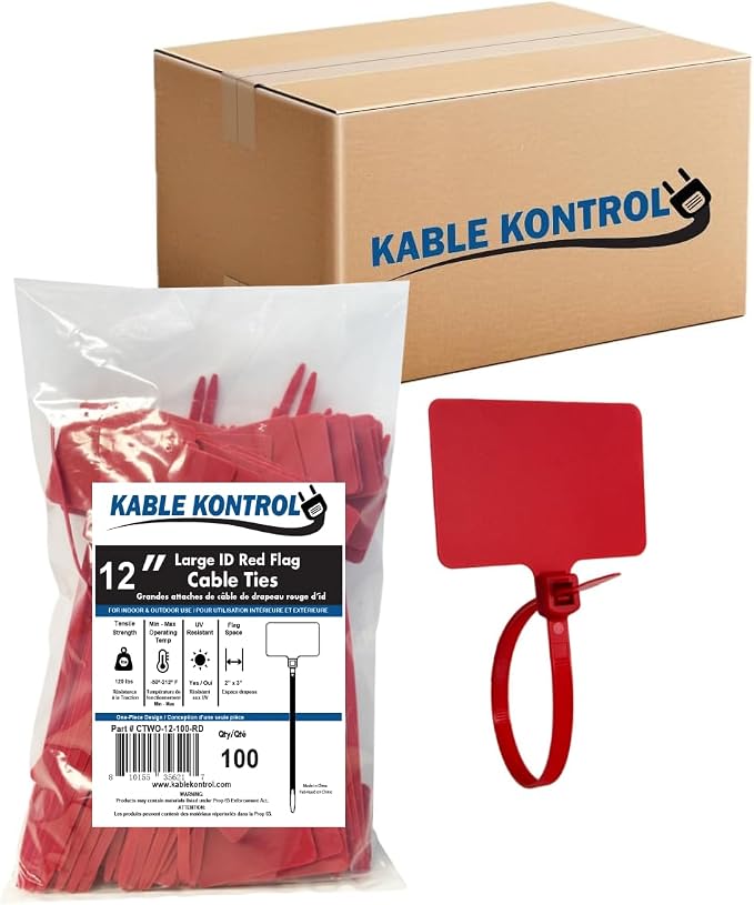 Kable Kontrol Cable Marker Identification Zip Ties 12 Inch 1000 Pcs – Red | Large ID Flag Label Straps, Self-Locking Write on Tags for Ethernet, Power, and Cord Labeling