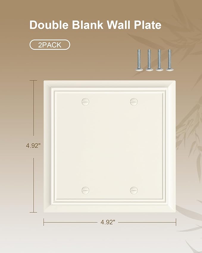 2-Pack Double Blank Wall Plate, Durable Natural Bamboo Fiber Wall Plate Cover,Light Almond 1 Gang Wall Plate for Unused Outlets/Switches